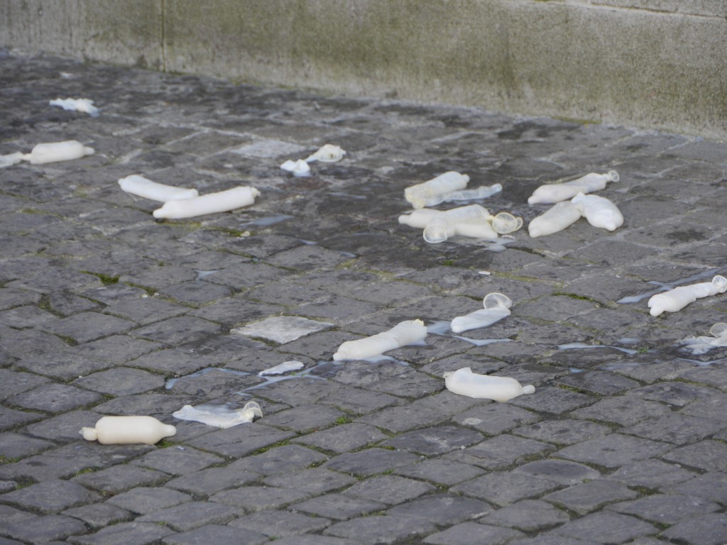 No idea what was going on in the protest but they seem to have thrown a lot of condoms at the church